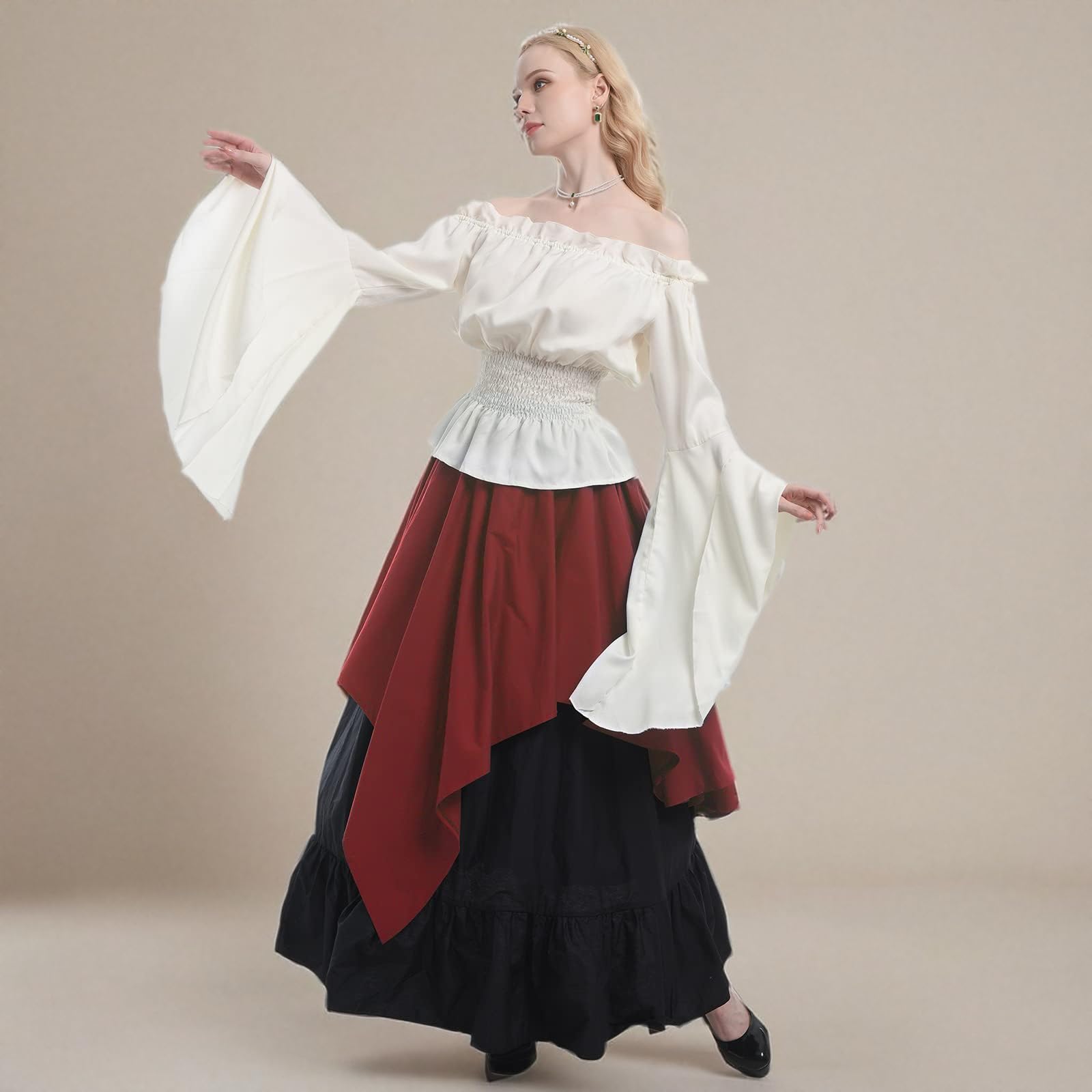 CR ROLECOS Costume de la Renaissance pour femme - Robe de paysanne médiévale à manches trompette - Chemise et jupe victoriennes