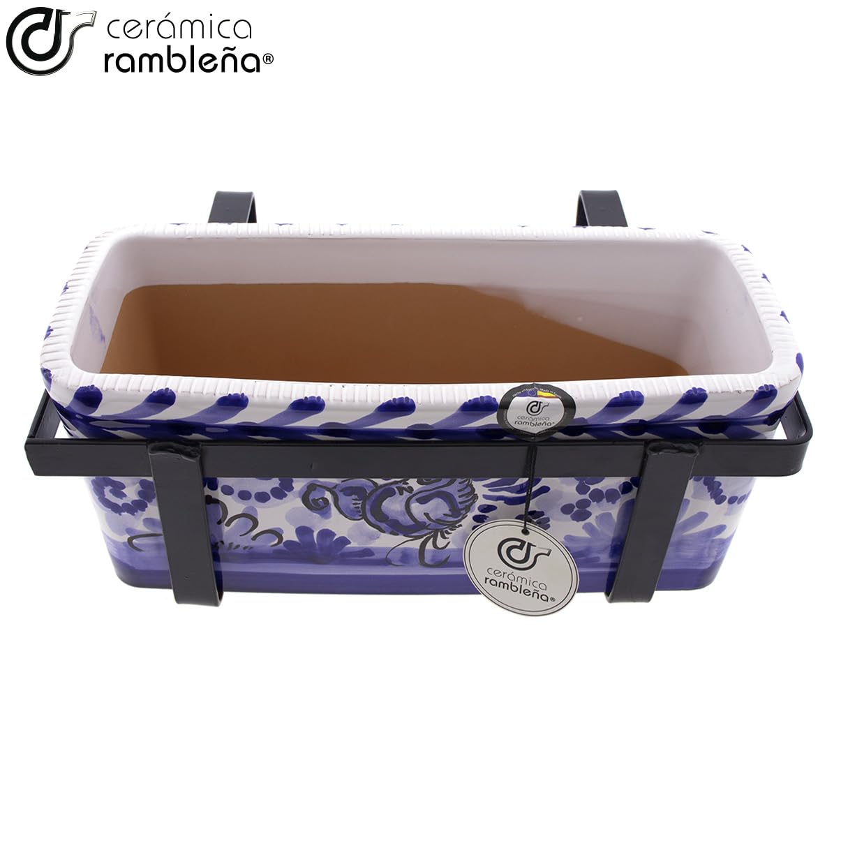CERÁMICA RAMBLEÑA | Jardinera balcón | Jardinera Exteriores | Jardinera Rectangular | Jardinera montería Azul - Modelo J02 | 100% Decorada a Mano | 31x19.5x13.5 cm | Soporte forja balcón Incluido