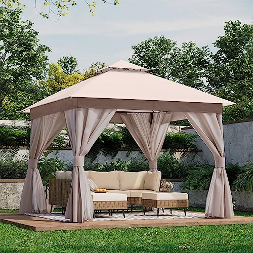 LAUSAINT HOME Outdoor Patio Gazebo with Expansion Bolts, Double Roof Soft top Gazebos Shelter Party Tent with Mosquito Nettings and Privacy Screens for Backyard, Deck, Garden, Lawn (10x10, Khaki)