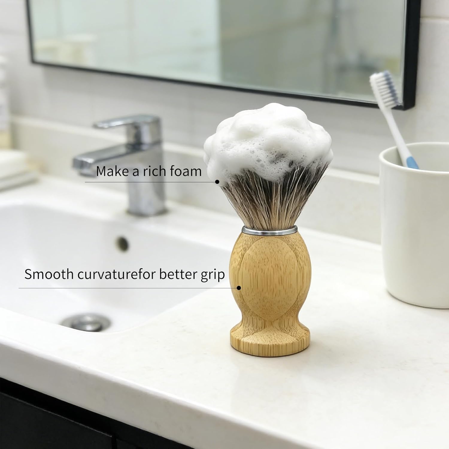 Kikc Shaving Brush Set, Pure Badger Shave Brush & Bamboo Bowl with 2 in1 Shaving Stand,Complete Men's Wet Shaving Kit, Eco-Friendly Bamboo Handle, Lathering Bowl & Razor Stand (Horizontal/Hanging)