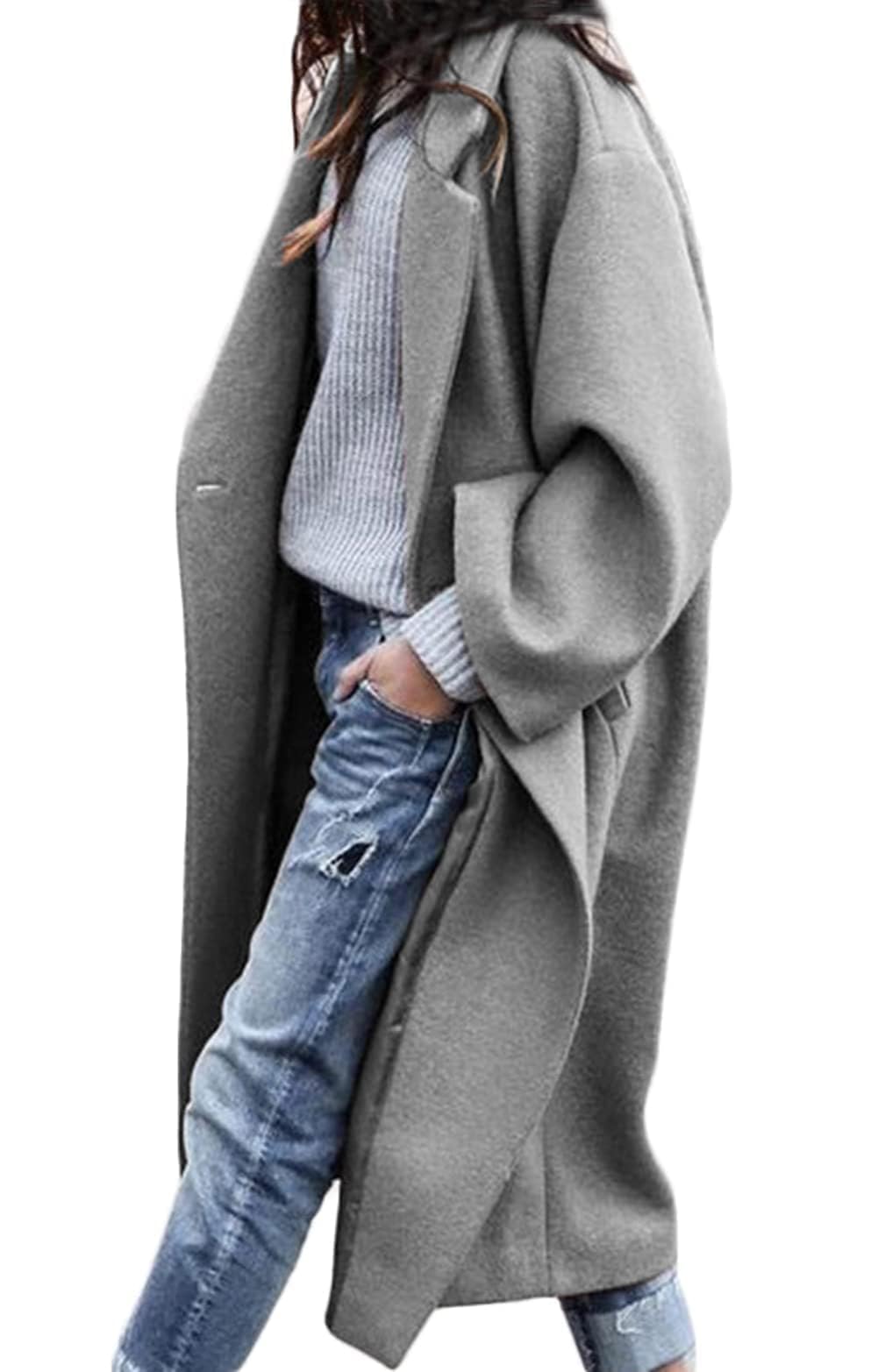 Women's Oversized Notched Collar Wool Blend Single Breast Midi Long Trench Coat