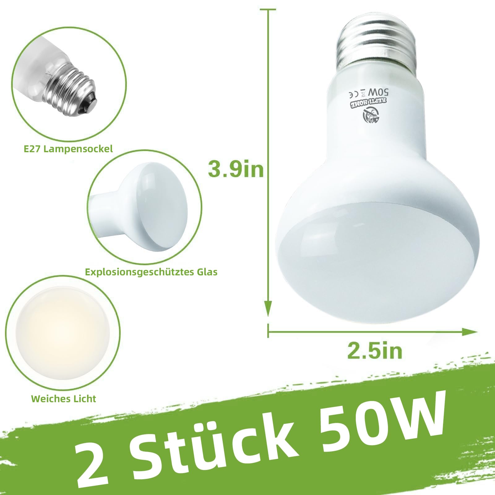 50W Lámpara de Calor para Reptiles, Bombillas de Calor para Reptiles 2 Pack, Lámparas de Calor UVA para Anfibios, Dragón Barbudo, Tortuga, Gallina