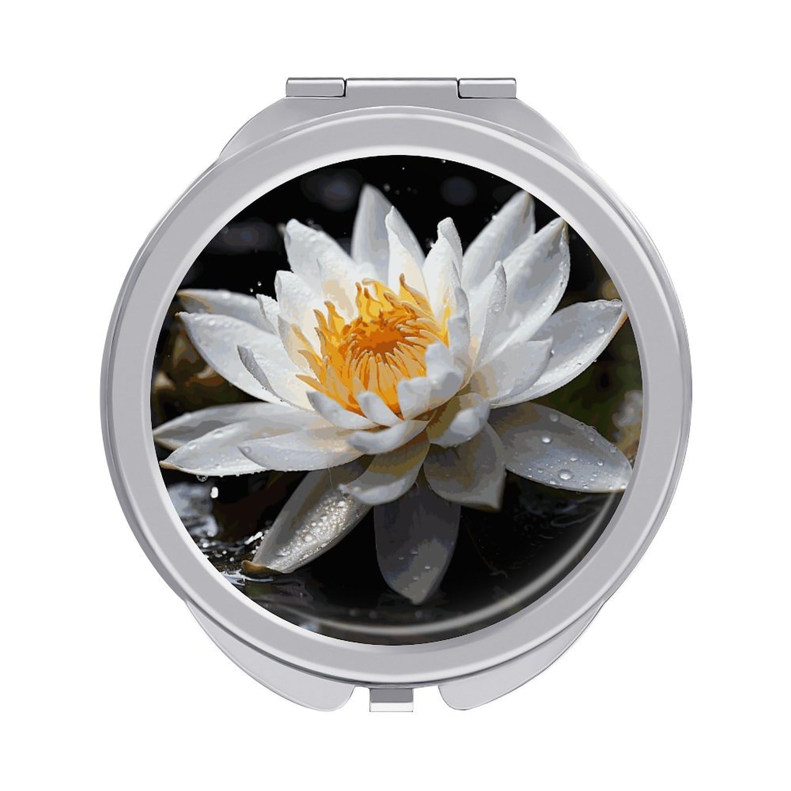 FekiLoot White Lotus Travel Makeup Mirror for Women Folding Portable Hand Compact Mirrors Small Round Vanity Mirror 1X/2X Magnifying Metal Pocket Makeup Mirrors