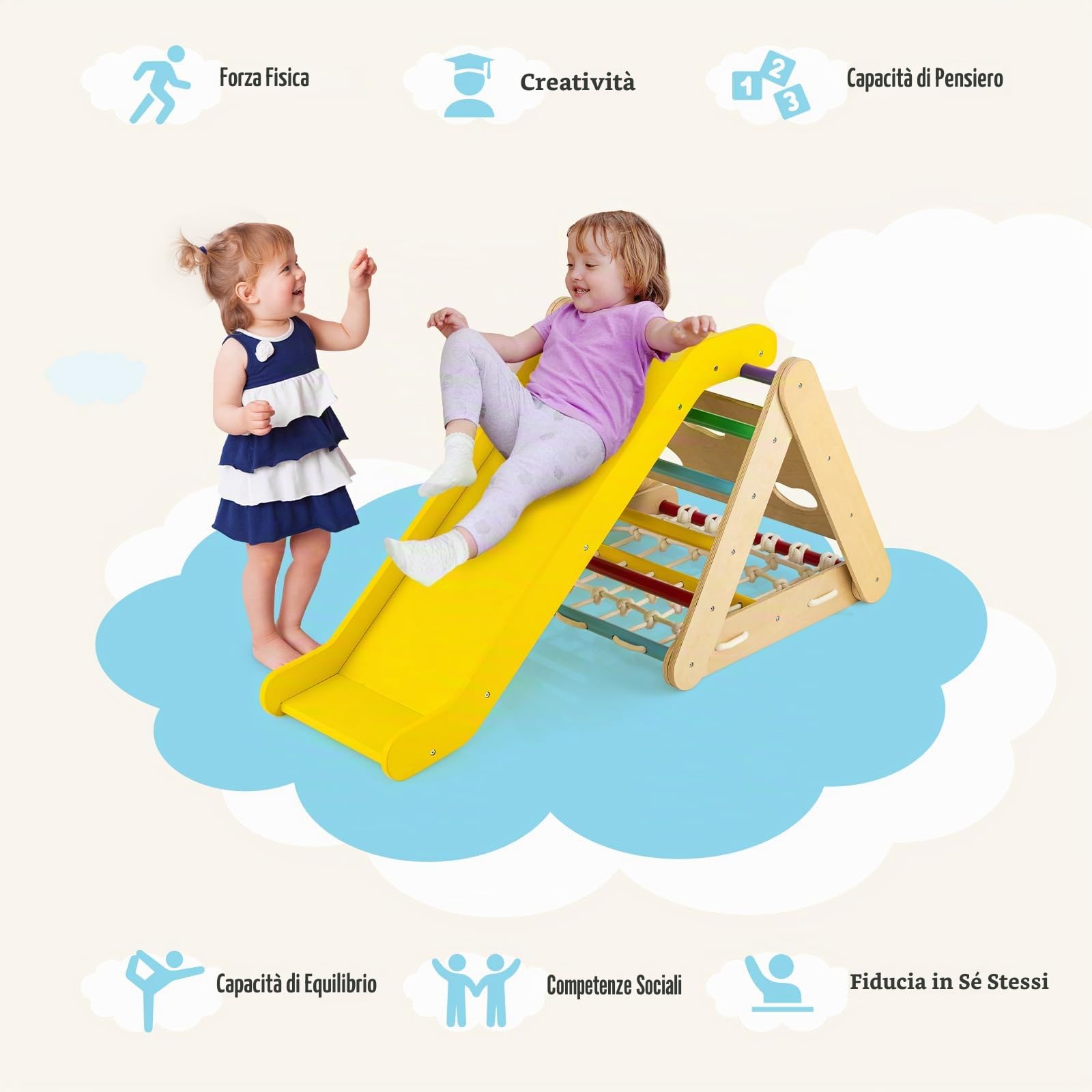 LIFEZEAL 4 in 1 Triangolo di Arrampicata in Legno con Scivolo e Rete, Giocattoli Balance Psicomotricità, Bimbi, Giochi Montessori con Carico 50 kg per Bambini 1 + Anni (multicolore)