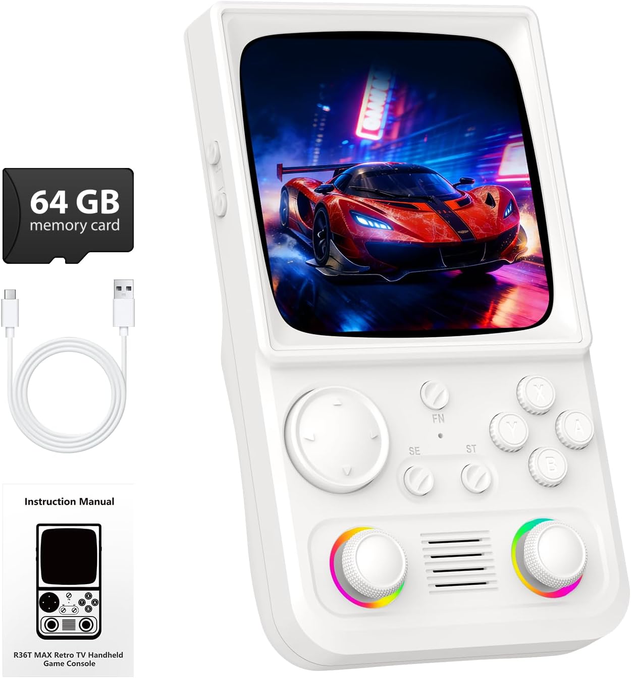 R36TMAX Retro Handheld Game Console, 4.0'' 720x720 IPS Screen, 64GB Supports 18000+ Classic Games, EmuELEC System Supports WiFi Networked Fighting&OTG,4000mAh with Portable Case（White 64GB）