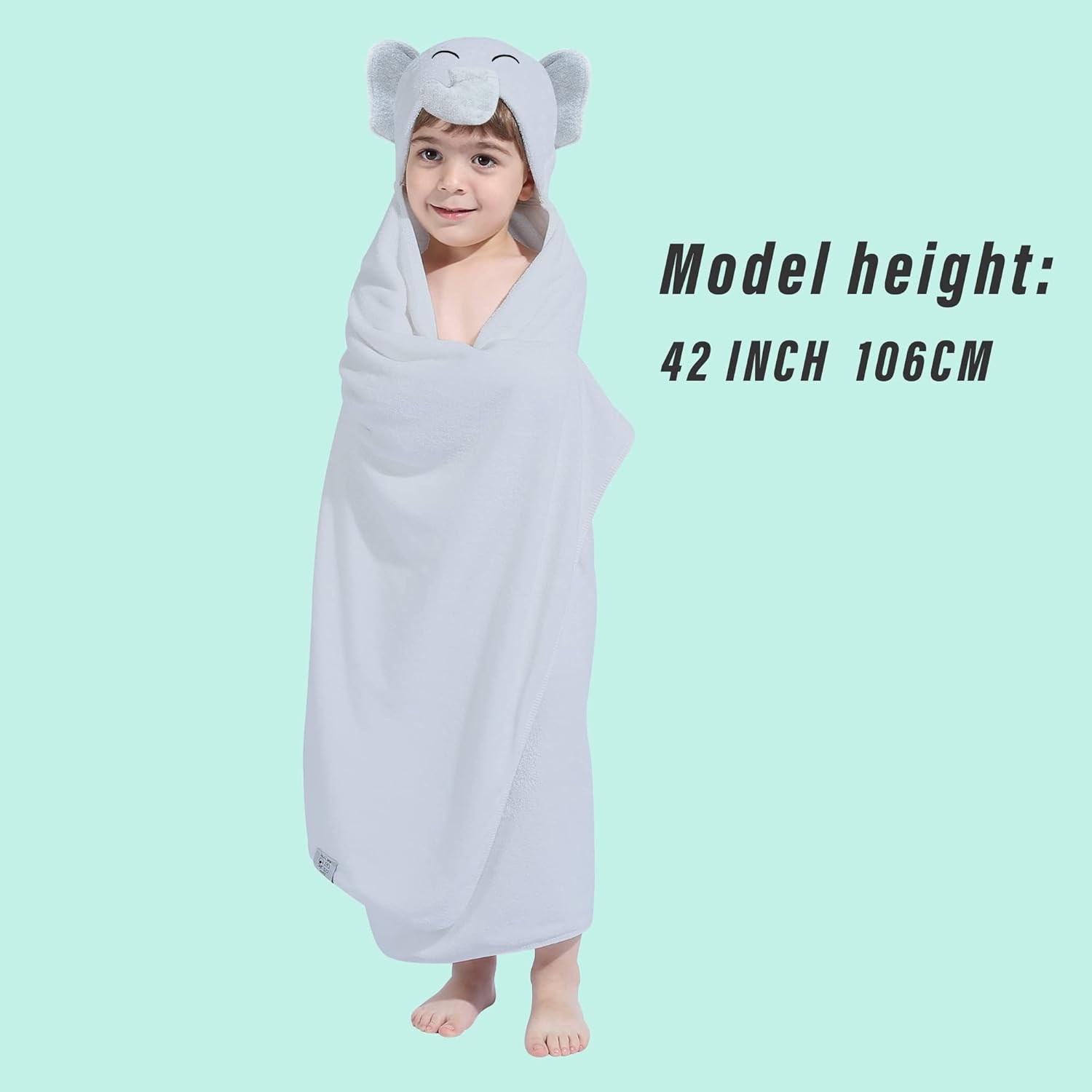 HIPHOP PANDA Hooded Towel for Kids - Viscose Derived from Bamboo, 30 X 50 INCH Large Size for 3-10 Yrs - Premium Kids Bath Towel Beach Towels Wrap for Girls, Boys, Grey Elephant