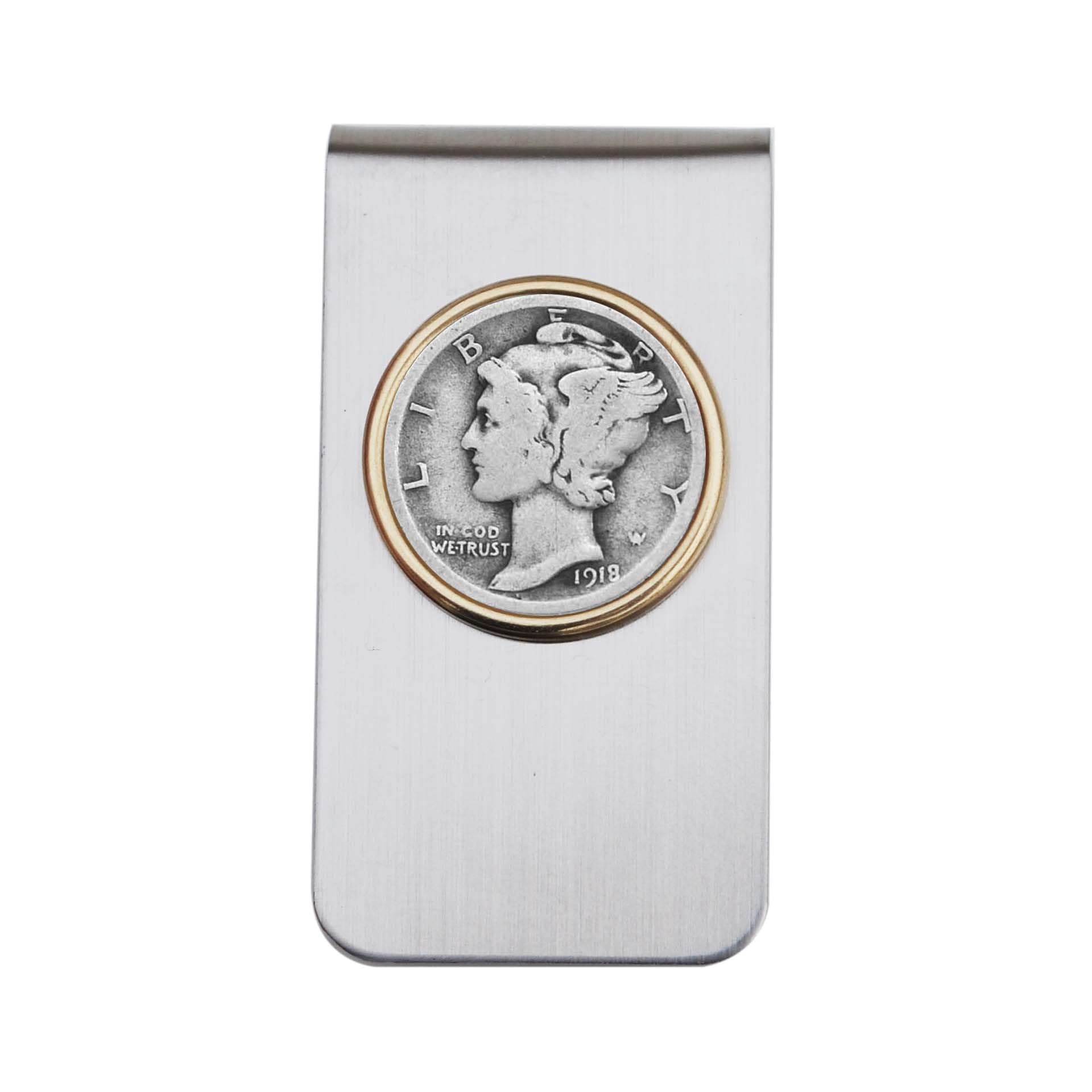 US 1918 Mercury Dime 90% Silver Average Circulated 10 Cent Coin Two Toned Stainless Steel Money Clip New