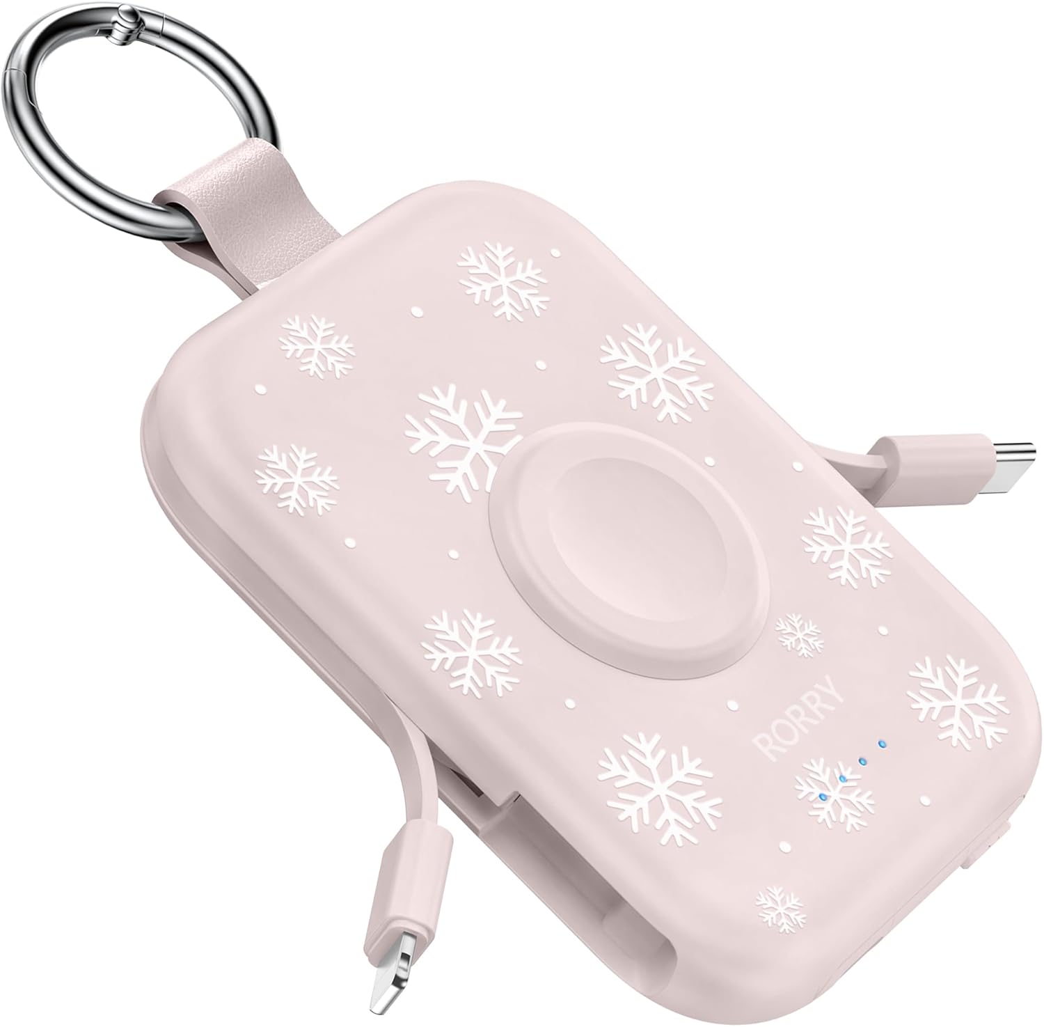 RORRY Portable Charger, 5000mAh Portable Charger Power Bank with Built-in Cables, Travel Keychain Battery Pack for Apple Watch Ultra/11/10/9/8/7/6/SE, iPhone Air/17/16/15/14/13/12, Christmas Pink