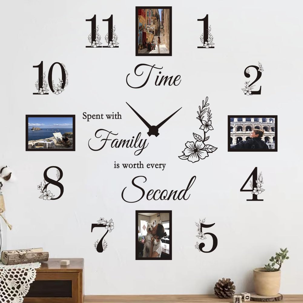 Grande horloge murale DIY avec cadres photos pour personnaliser un salon moderne et chaleureux