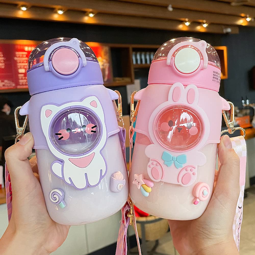 JHTPSLR Kawaii Water Bottle with Silicone Straw and Adjustable Strap 3D Stickers and Cartoon Animal Patches Detachable 24oz Large Water Bottle for Kids Teen Girls School Sports Leakproof (Pink Bunny)