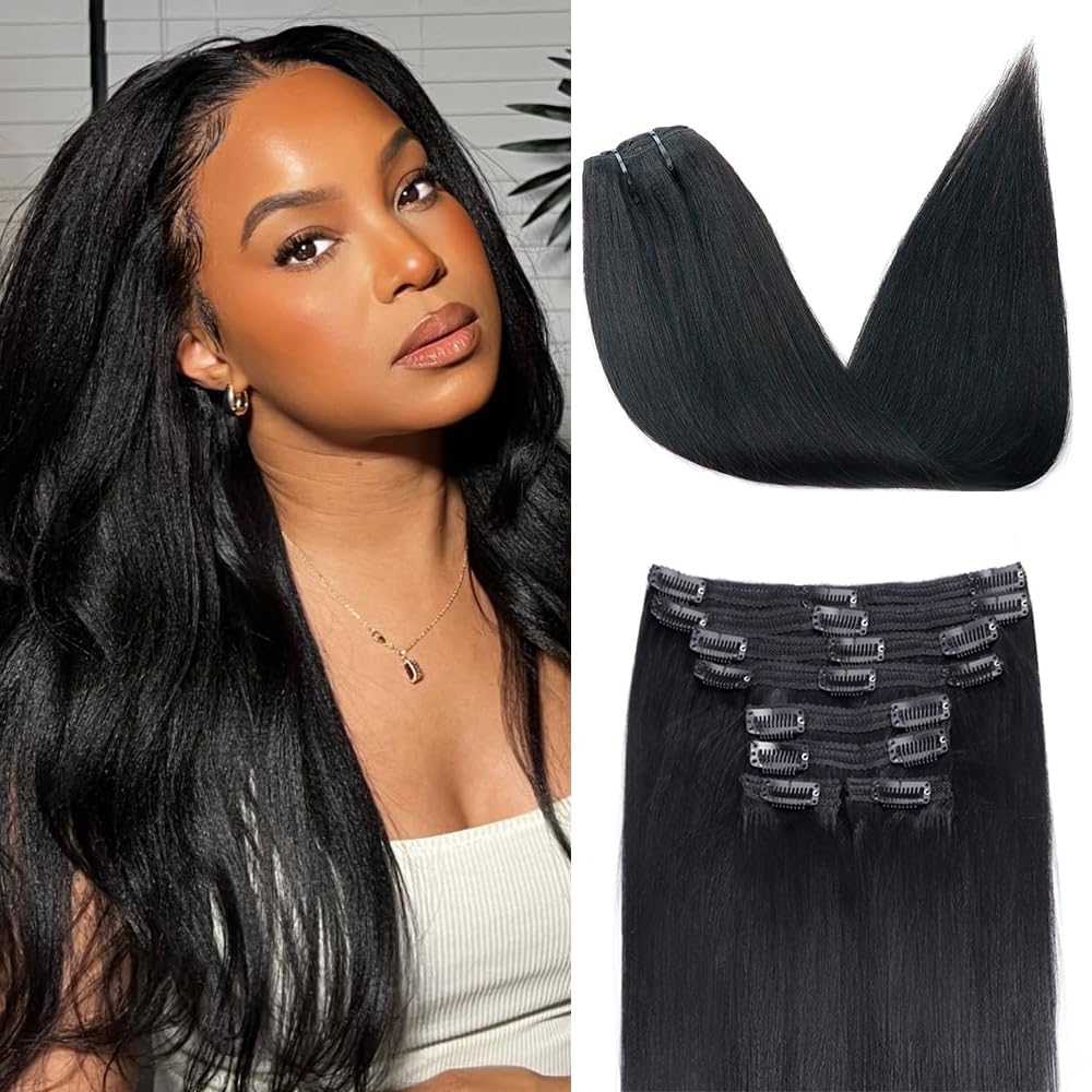 Yaki Straight Clip in Hair Extensions for Black Women Brazilian Human Hair Extensions 8Pcs Remy Hair Extensions Clip in Human Hair with 18Clips Double