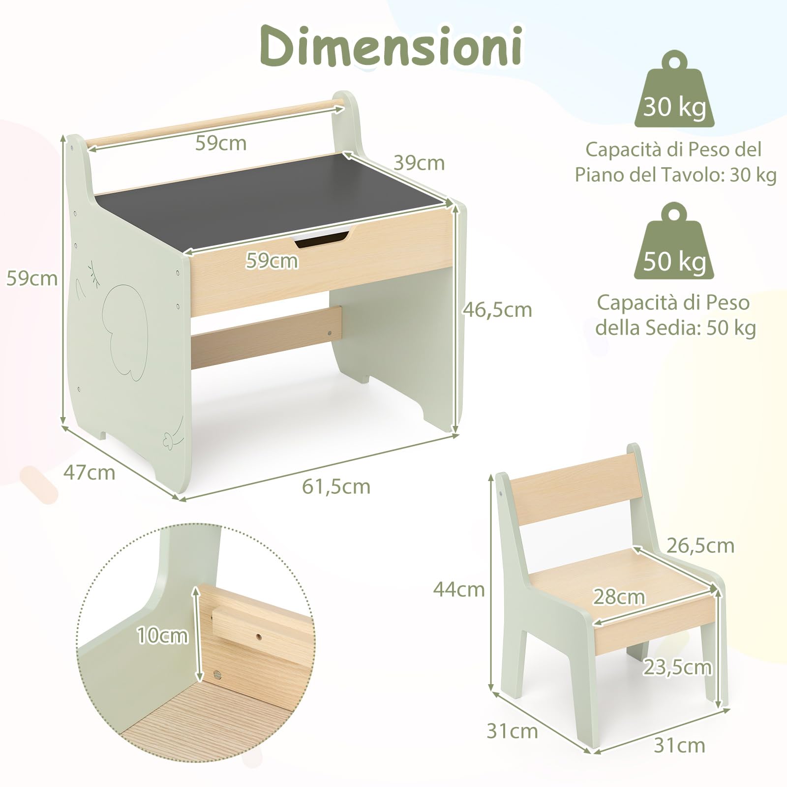 RELAX4LIFE Set Tavolo e Sedia 2 in 1 per Bambini, Scrivania in Legno con Piano Bifacciale Rimovibile, Ampio Spazio Archiviazione, Design Multifunzionale per Camera dei Bambini (Verde+Naturale)