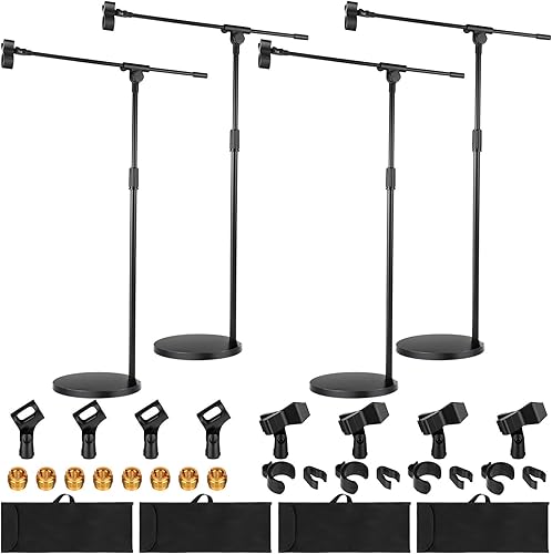 Juego de 4 soportes de micrófono con brazo de pluma, soportes de micrófono de piso ajustables con base pesada, altura máxima de 82 pulgadas, incluye