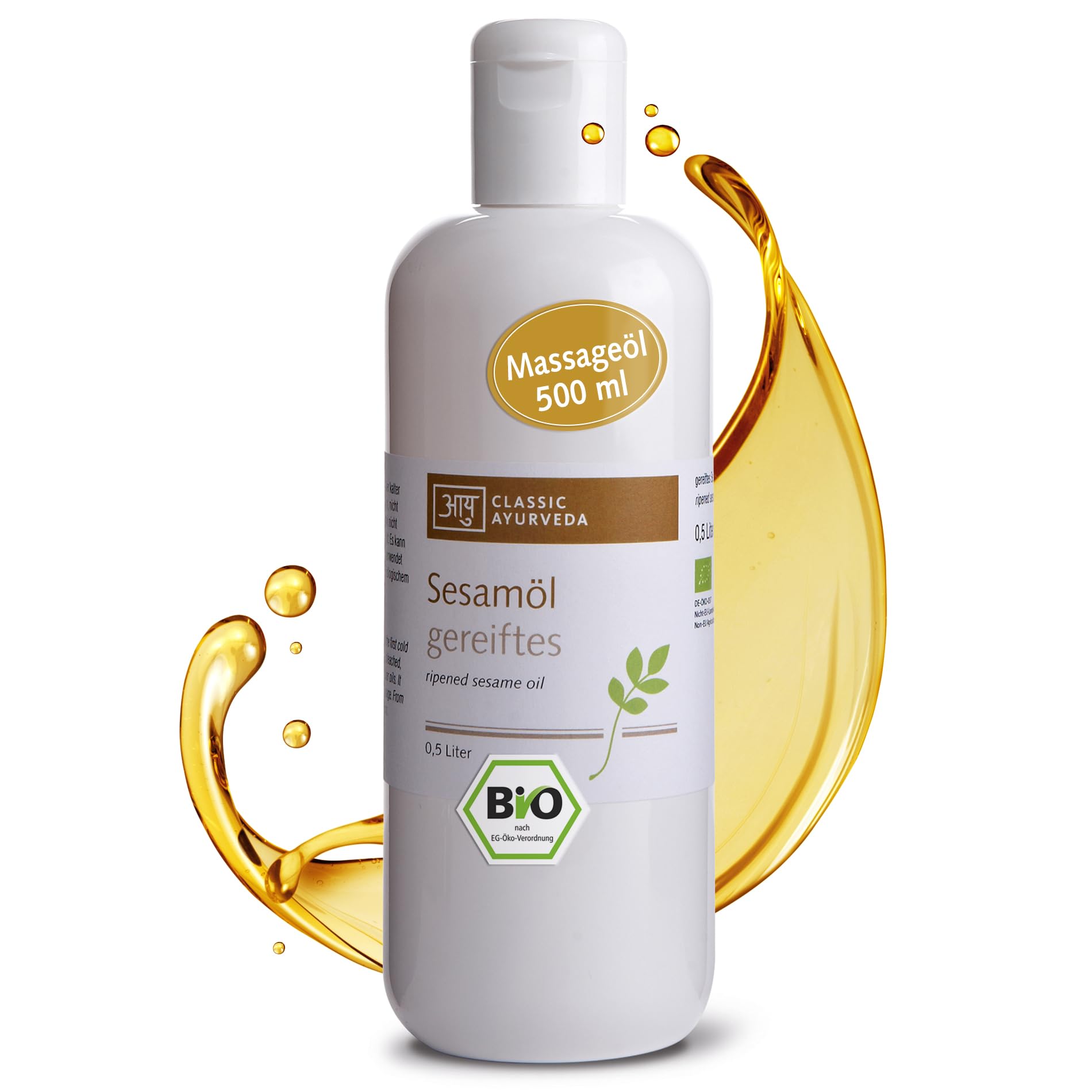 Classic Ayurveda Massageöl Öl – Gereiftes Bio Sesamöl (500 ml), neutral & intim geeignet, reines Ayurveda Öl für die tägliche Massage & Pflege