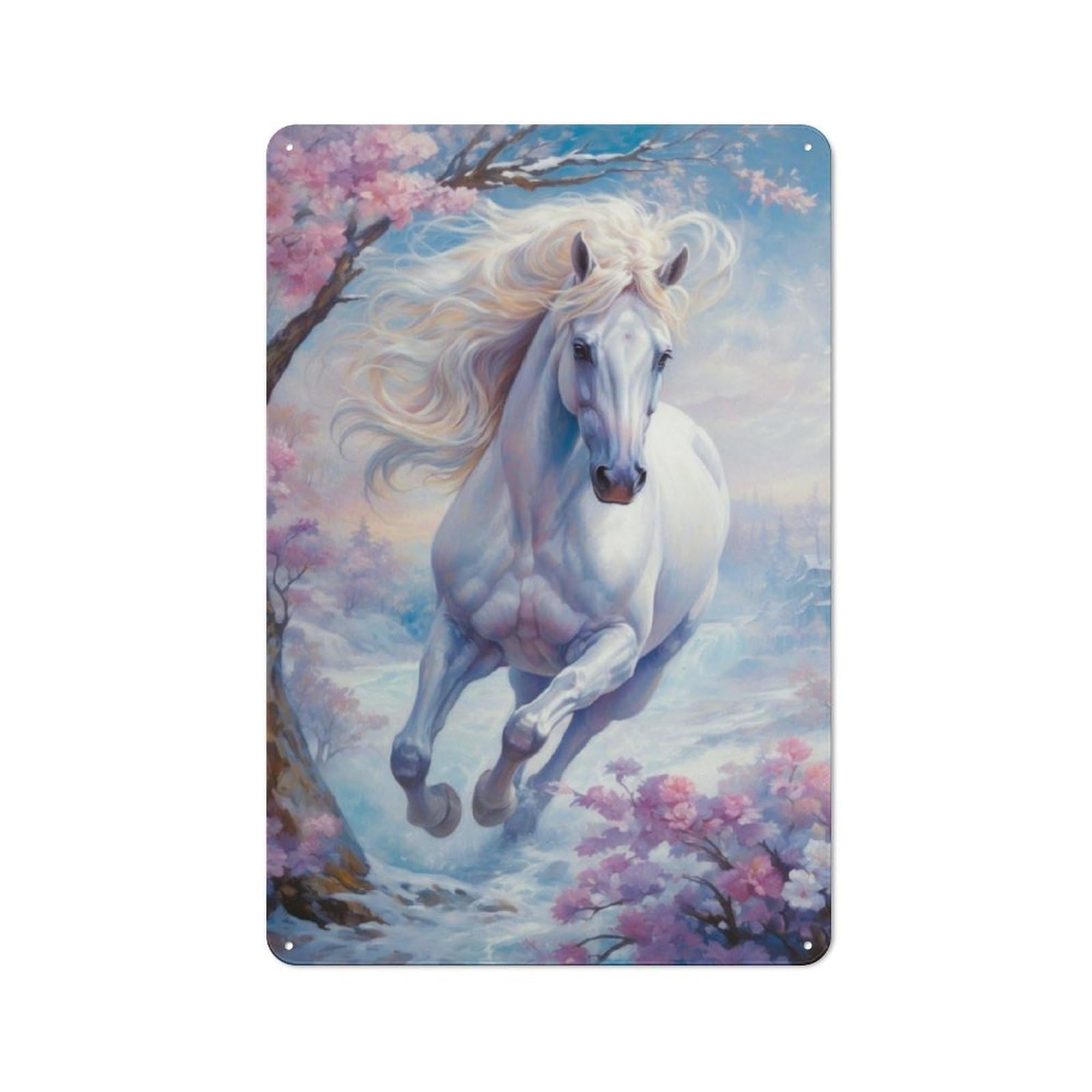 Wild White Horse in Winter Printed Tin Plaque, Clean Printed Wall Decor for Breakfast Nook, Kitchen Wall And Home Cafe, 30x20cm