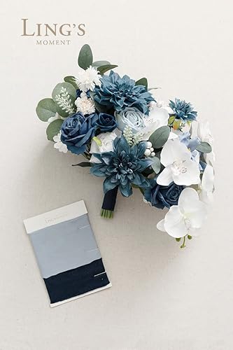 Miniatura 4 de Ling's Moment Ramo de novia azul marino, ramos de boda de 11 pulgadas para novia, ramos de novia de forma libre de seda para boda, ceremonia,