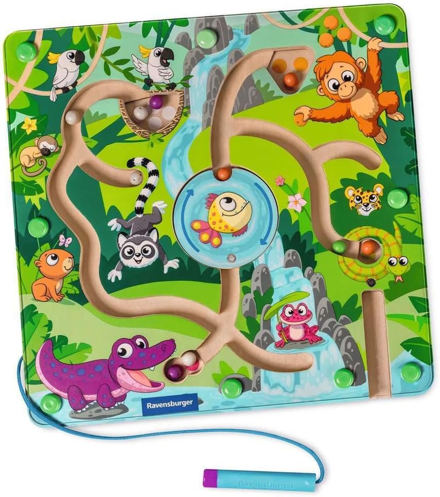 Ravensburger 4873 Play+ Magnetisches Holz-Labyrinth: Dschungel, schult Feinmotorik, Geschicklichkeit und Farberkennung, Reisebegleiter, pädagogisches Holzspielzeug für Kinder ab 18 Monaten