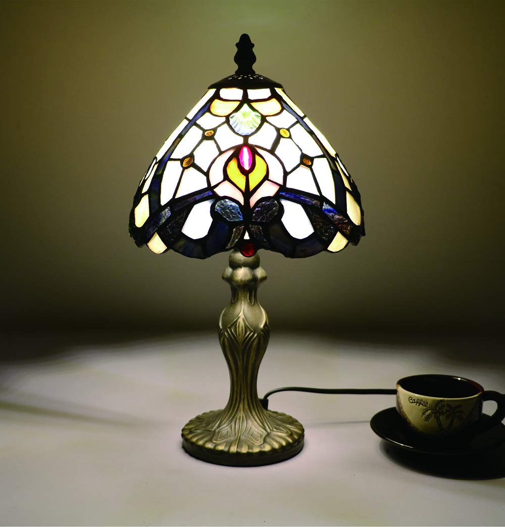 Lámparas de Mesa Tiffany Vintage 8 Pulgadas, Patrones de Lámparas de Vidrio Manchado Hecho a Mano Dormitorio Blanco Lámparas de Noche Estilo Simple Para Sala [Sin bombillas]
