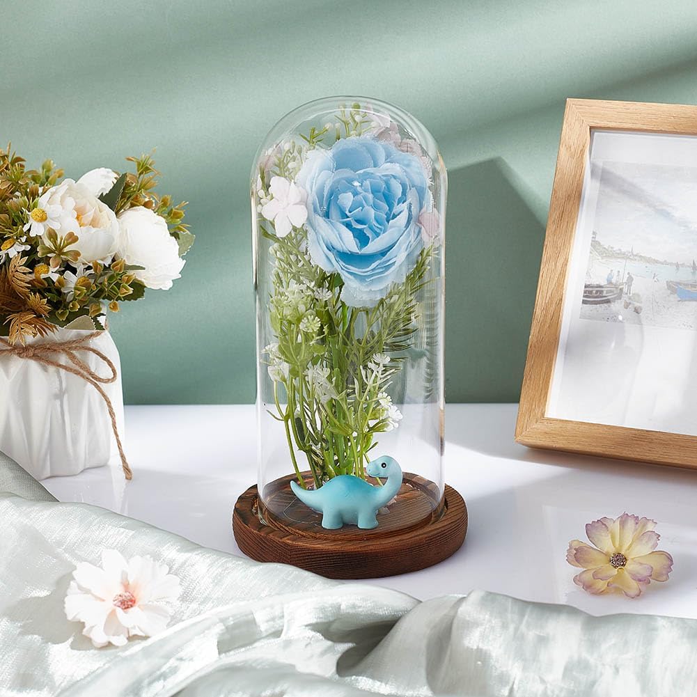 NBEADS Clear Glass Dome, Clear Glass Display Case with Camel Wood Base Decorative Display Dome Case for Plants Flower Display Photos Medals Decoration, Finish Size:4.1x7.5 Inch