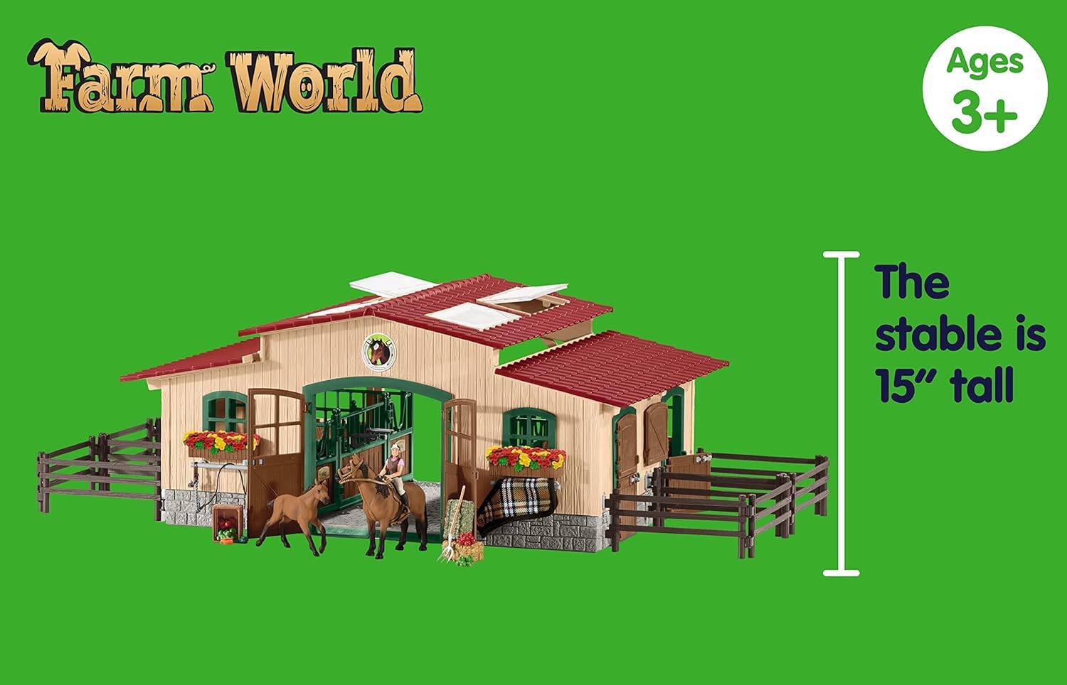 schleich FARM WORLD | Stajnia z końmi i akcesoriami 42195 | Zestaw ze stajnią, padokiem, 2 końmi, figurką dziewczynki i akcesoriami | Zabawka farma od 3 lat | 96 elementów | Ekskluzywnie na Amazon