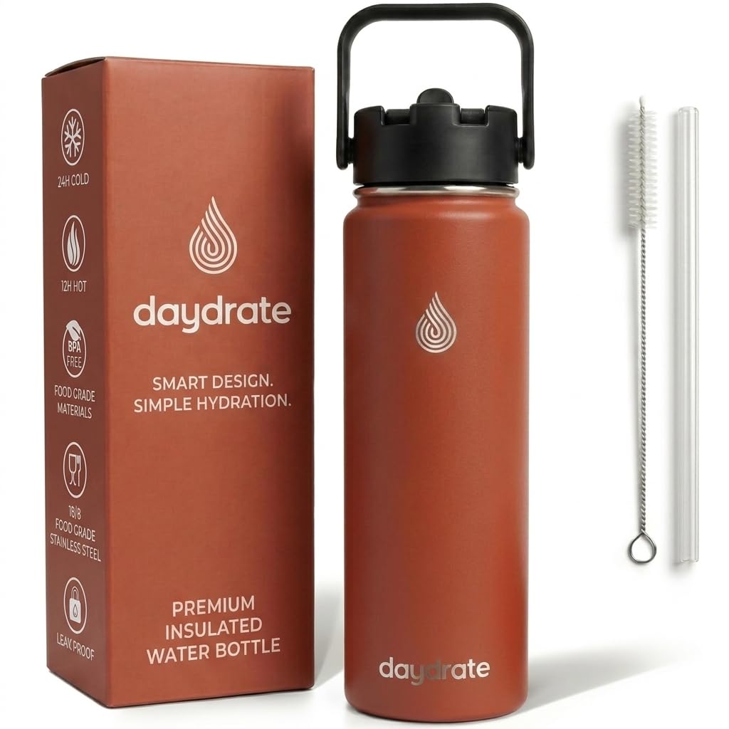 Insulated Metal Water Bottle with Straw 750ml- Stainless Steel Water Bottle, BPA Free, Dual Lid Straw & Spout, Leakproof, 24 Hours Cold & Hot, Work, Travel, Gym Bottle for Men & Women - Grey- Daydrate — view 10
