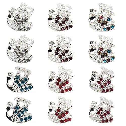 Yeshan Pack of 12pcs Peacock Design Alloy Mini Jaw Hair Clip, with Rhinestone and Crystal Beaded Claw Hair Clip Barrette,silver