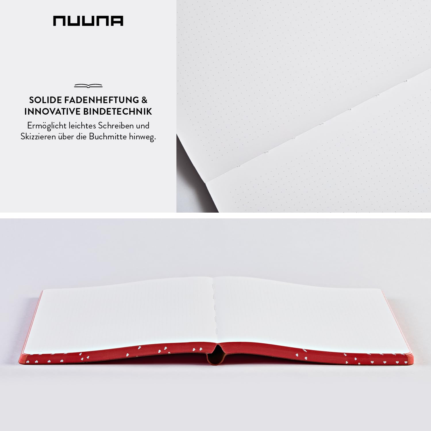 Nuuna Notizbuch A5+ | Graphic L - Heart Core | 3,5 mm Punktraster | 256 nummerierte Seiten | 120 g Premium-Papier | Leder rot | nachhaltig produziert in Deutschland
