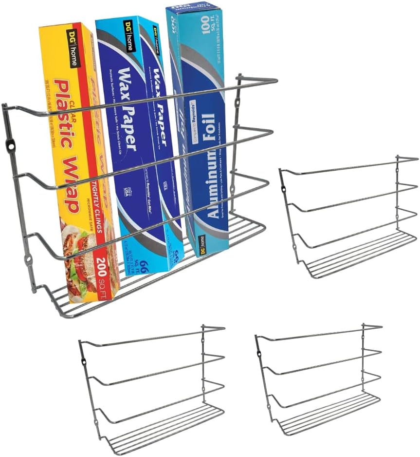 Evelots 4 Pack Plastic and Foil Wrap Organizer on Cabinet Door or Pantry Wall Rack - Sandwich, Freezer, Food Bag Storage Organizer - Bathroom Laundry Supplies, Kitchen Organization and Storage