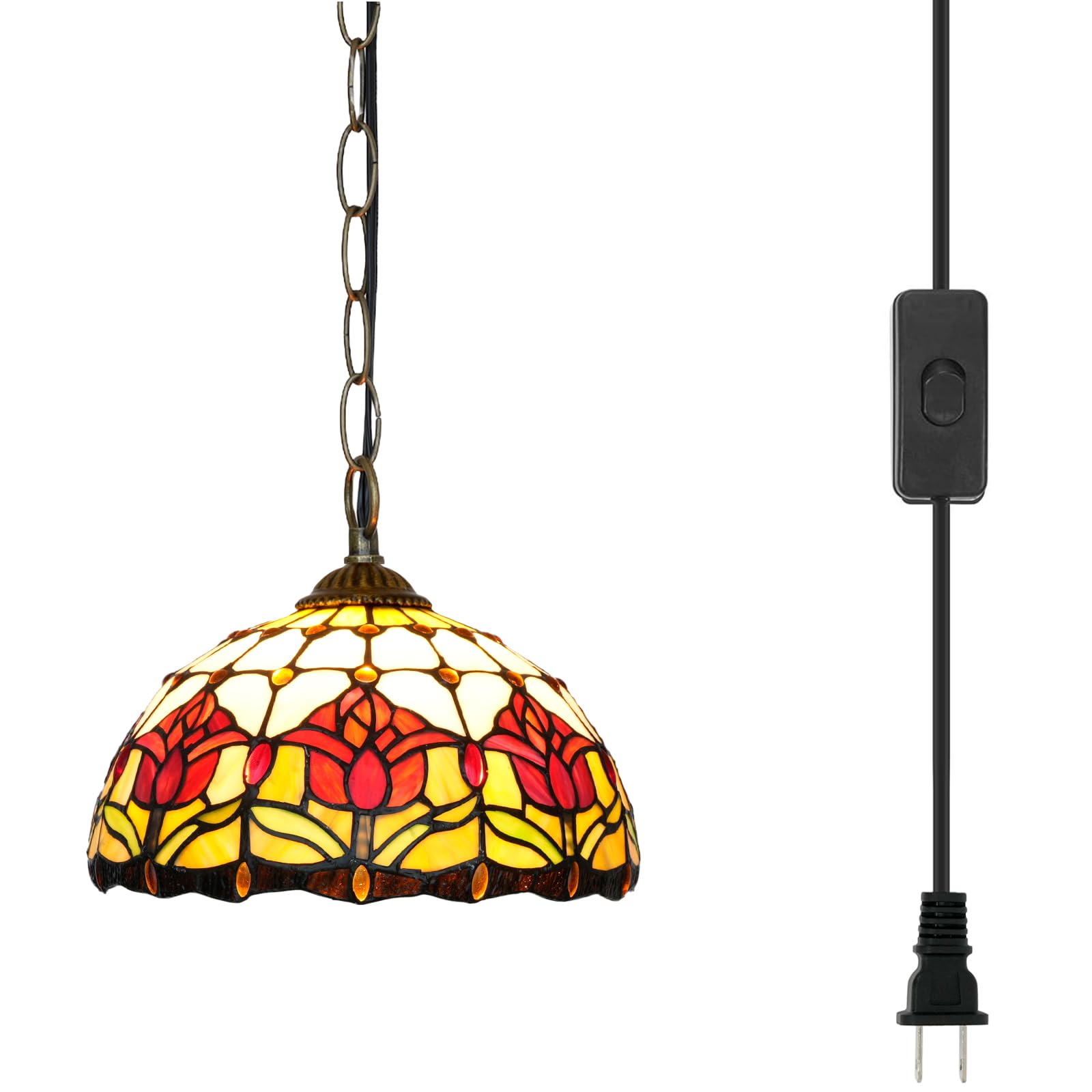 Blivuself Tiffany Pendelleuchten Rote Tulpen Buntglas Hängelampe 12 Zoll Antik Stil Plug in Licht für Zuhause Küche Insel Esszimmer Wohnzimmer Flur Theke Bar