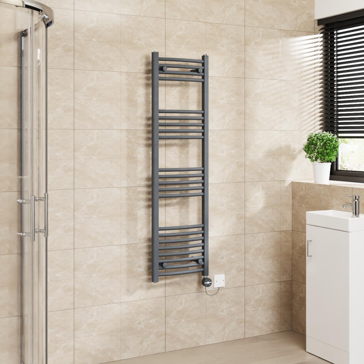 Warmehaus Anthracite Touch Screen Electric Heated Towel Rail Curved Thermostatic Bathroom Towel Radiator With Timer - 1400X400mm
