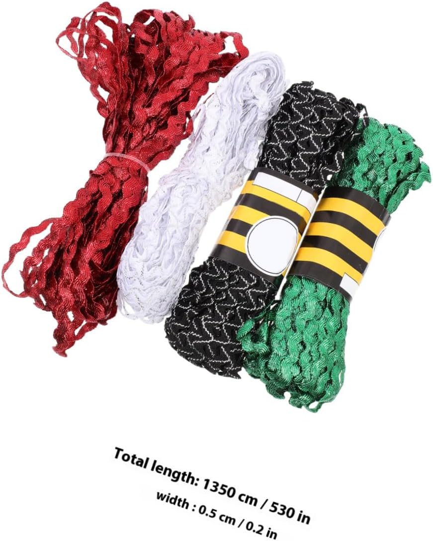 4 Rolls 5mm Wave Bending Fringe Rickrack Ribbon Trim for Sewing and Flower Making DIY Crafts, Red Green White Black White Decorative Braided Tape for Apparel Embellishment