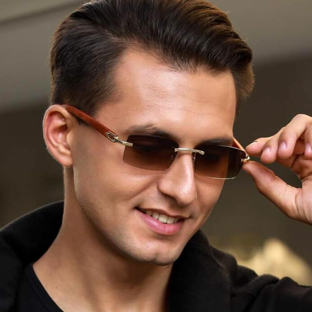 Men Women Rimless Gold Frame Stylish Brown Tinted Woodgrain Shades 90s Rectangle Cool Frameless Retro Trendy Hip Hop Old School Unisex Square Sunglasses
