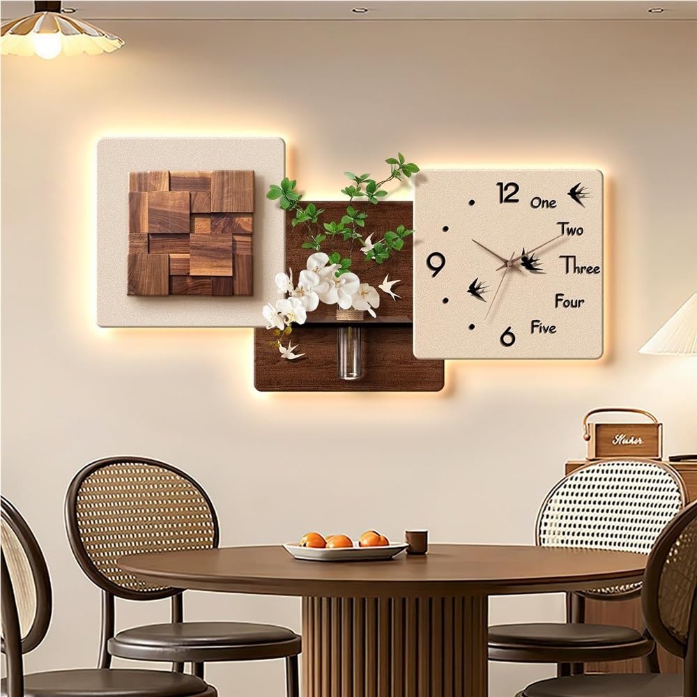 ITOSUI 3D Sandstone Wall Clock, Modern Wall Art with Vase, Exquisite Wall Decor with Clock for Bedroom, Study, Hallway, or Office(Brown,23.6 * 47.2in)