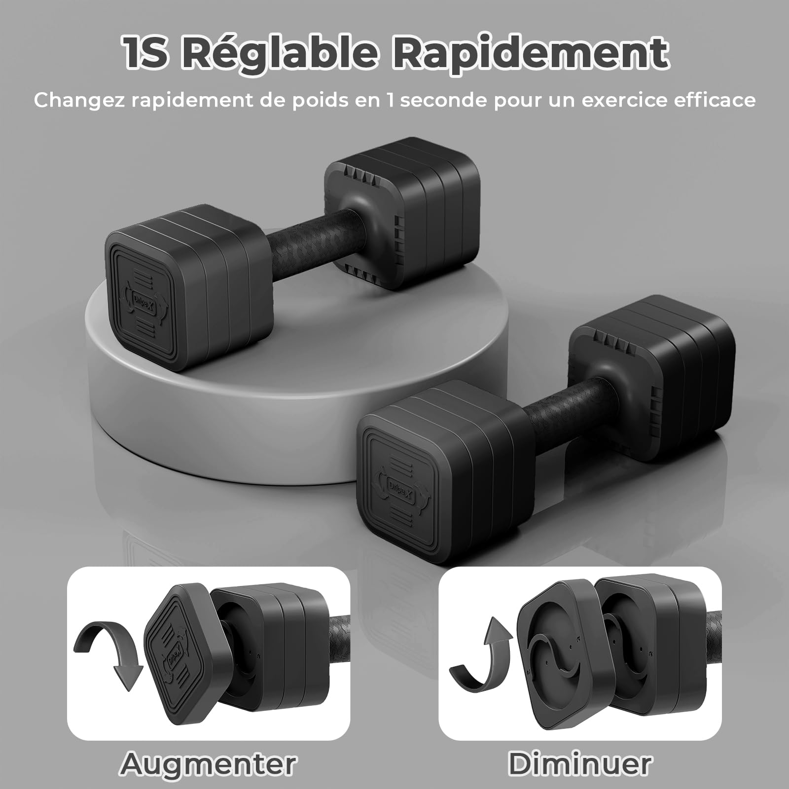 Dripex Lot de 2 Haltères Musculation Réglables 2,5 kg 5 kg 7,5kg 10kg Poids Musculation avec Poignée pour Femme Homme Gym à Domicile Entraînement