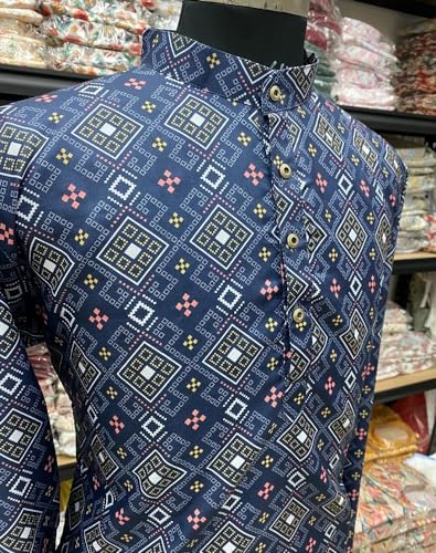 Image of FOXDX Men's Cotton Blend Printed Long Kurta Suitable for All Indian Wedding, Occasions, and Festivals