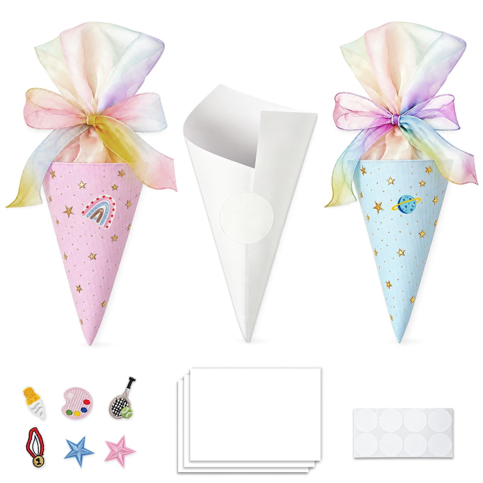 VTMJ 2 Stück Schultüte Mädchen Jungen, Geschwister Schultüte Füllung, Kleine Schultüten mit Bügelaufnäher, Mini Schultüten zum Befüllen, Zuckertüte Klein für Geschenktüte Einschulung