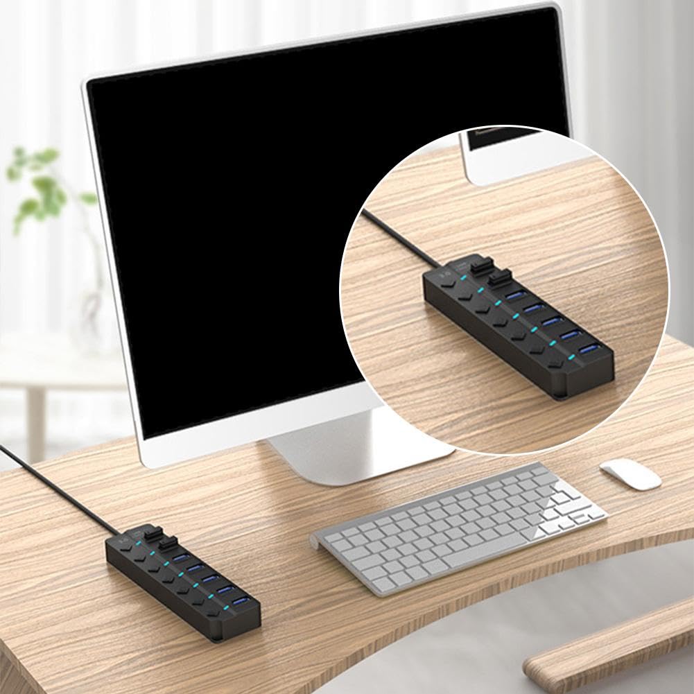 7-Port Powered USB 3.0 Data Hub with Led Individual On/Off, Multiport Adapter with 5gbp Data Ports, USB 3.0 Hub for Laptop,pc Computer,Surface Pro, Flash Drive, Mobile HDD