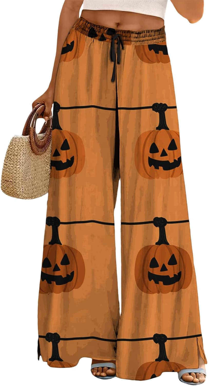 Halloween Pants Women Drawstring Elastic Waist Wide Leg Pants Ladies Pumpkin Ghost Pajama Vintage Street Wear