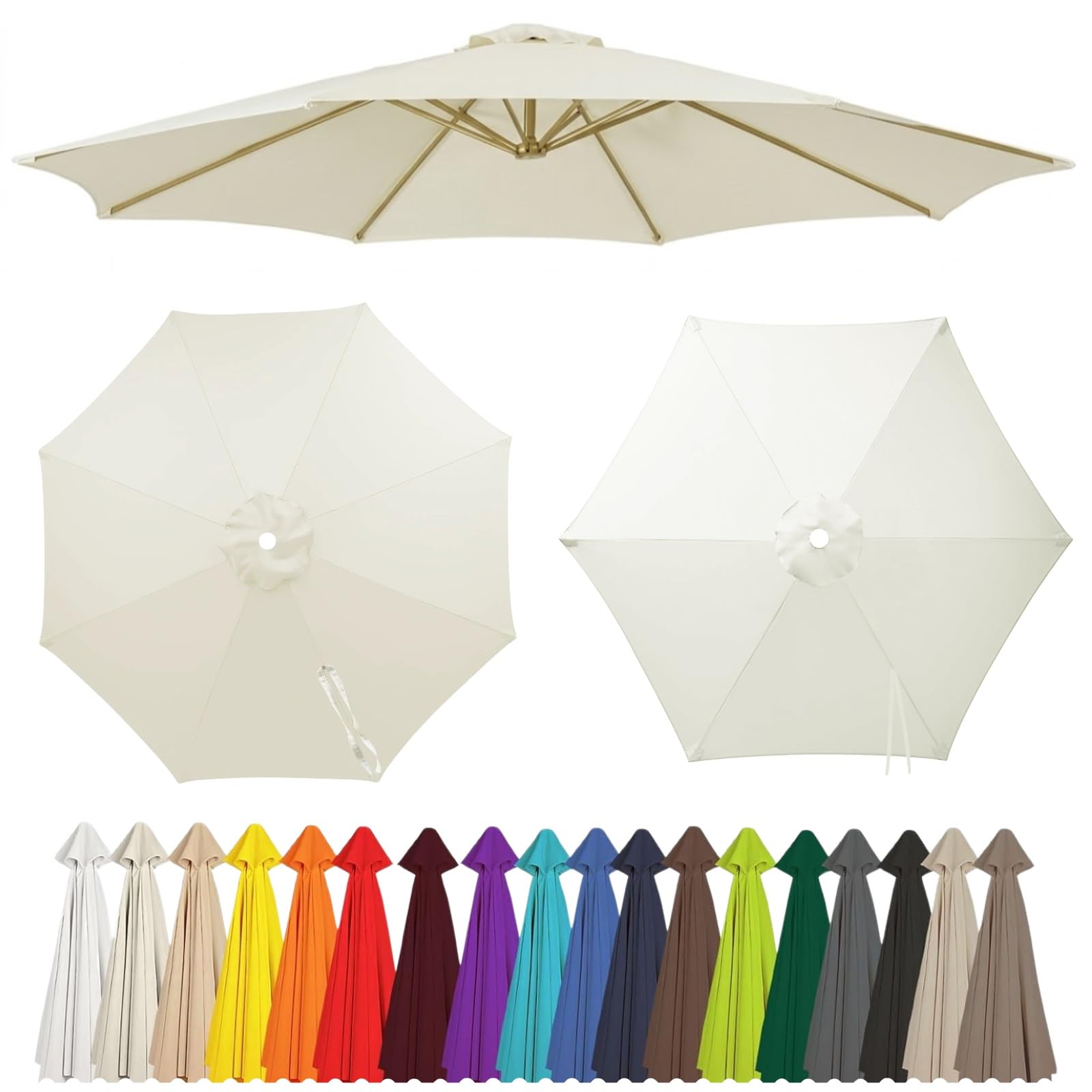 6/8 Ribs Outdoor Patio Parasol Replacement Canopy, Heavy Duty Waterproof Sun Shade Fabric 2.0m 2.7m 3.0m, Patio Parasol Replacement Canopy Top Only No Frame(Cream,6-RIBS-8.8FT/2.70m)