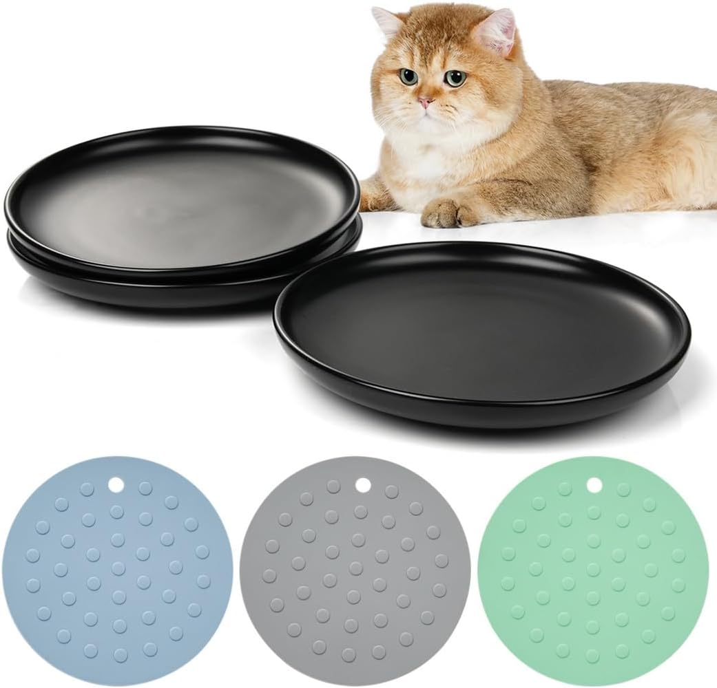 Cat Food Dish, Wide & Shallow, to Lessen Whisker Fatigue, with 3 Non-Slip Mats, 3 Packs Ceramic Cat Bowls, Stress Free Whisker Feeding Plates, Safe for Kittens, Puppies, Cats, Dishwasher