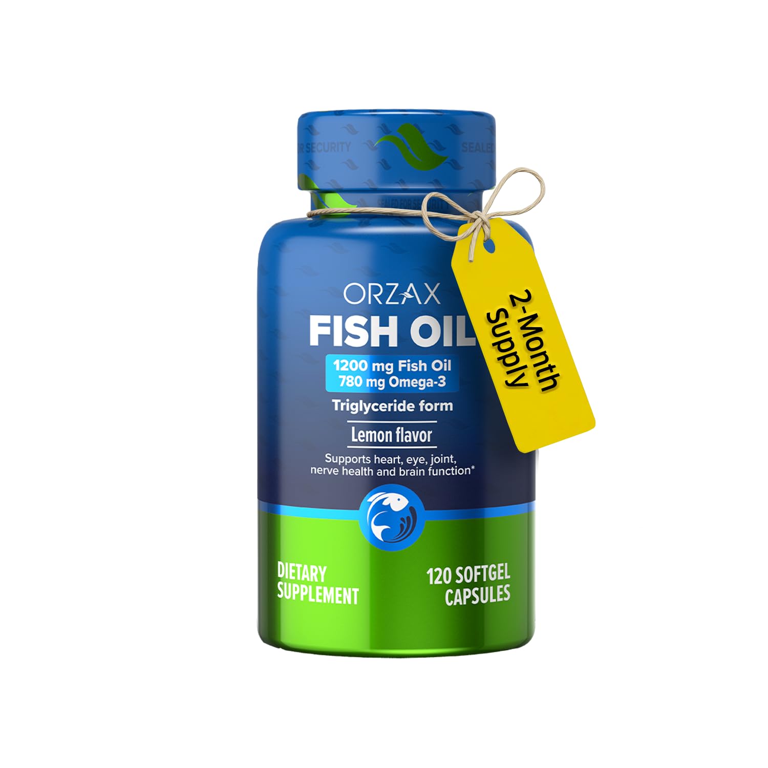 ORZAX Fish Oil 1200 mg, EPA&DHA, Triglyceride Form Burpless Omega 3, Lemon Flavor, Supports Heart, Brain, Eyes, and Joints, 120 Softgels,60 Day Supply