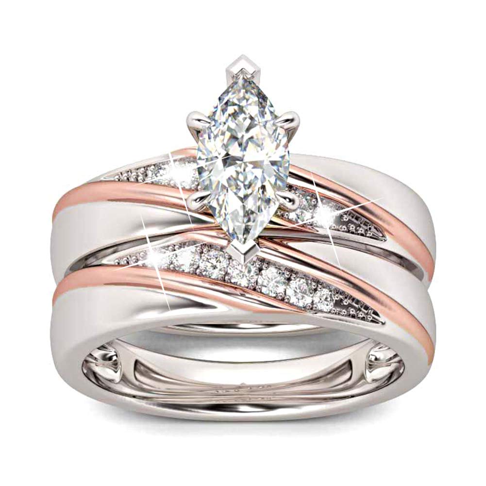 Jeulia 2 Stück Damen Ringe Set Sterling Silber Diagonal Marquise-Schliff Ringe Schmuck für Braut Hochzeit Band Verlobungsring