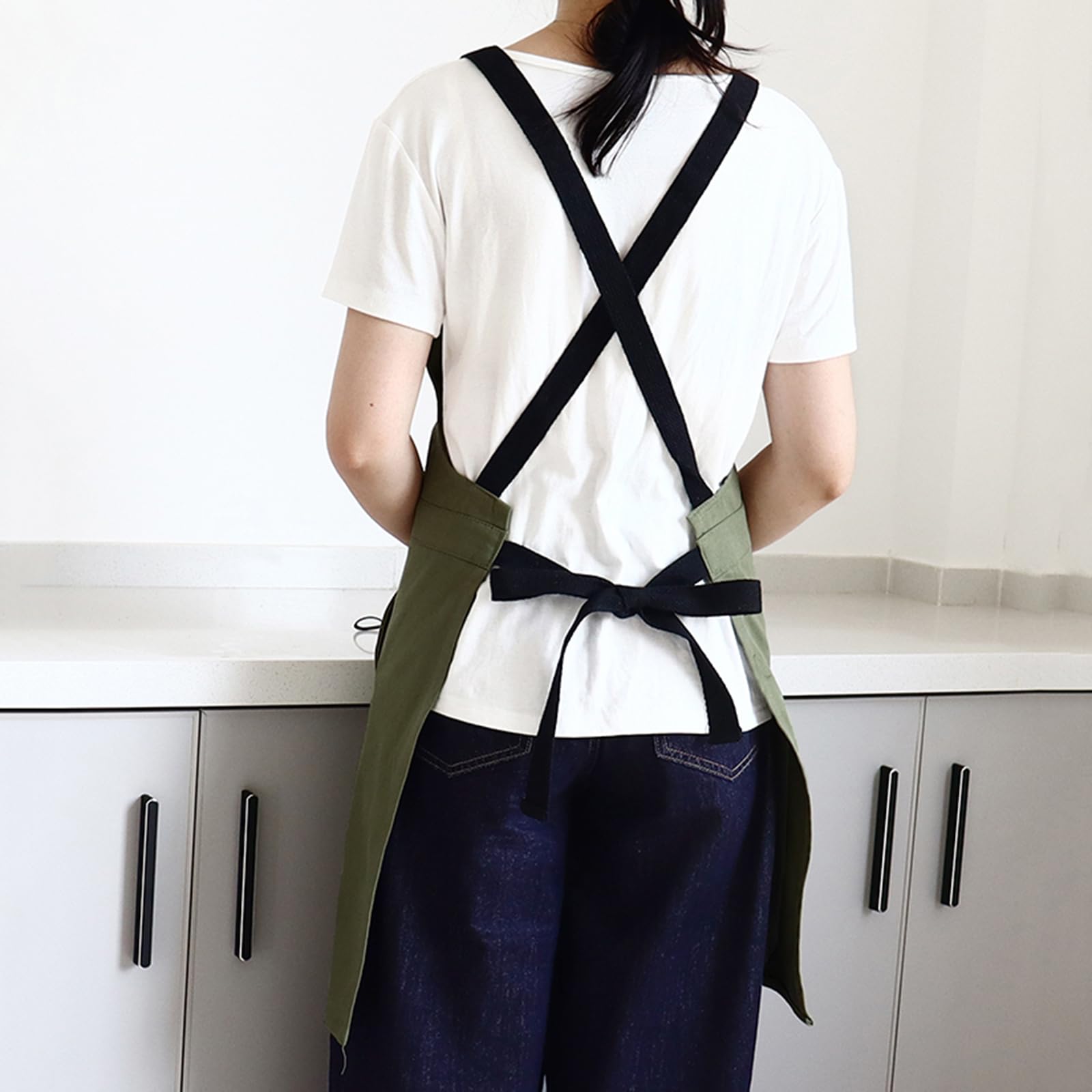 Tablier De Cuisine Réglable Chef Tablier en Coton avec Poches Tabliers De Travail pour Femmes Hommes Green,One Size