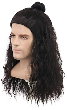 yuehong Long Wavy Mens Black Bun Style Wig Rock Mullet Star Cosplay Costume Hair Heat Resistant Synthetic Fibers Fluffy Durable Breathable Wig
