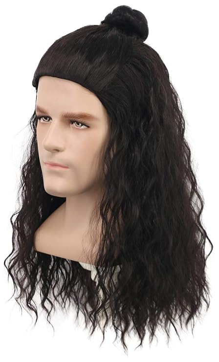 yuehong Long Wavy Mens Black Bun Style Wig Rock Mullet Star Cosplay Costume Hair Heat Resistant Synthetic Fibers Fluffy Durable Breathable Wig