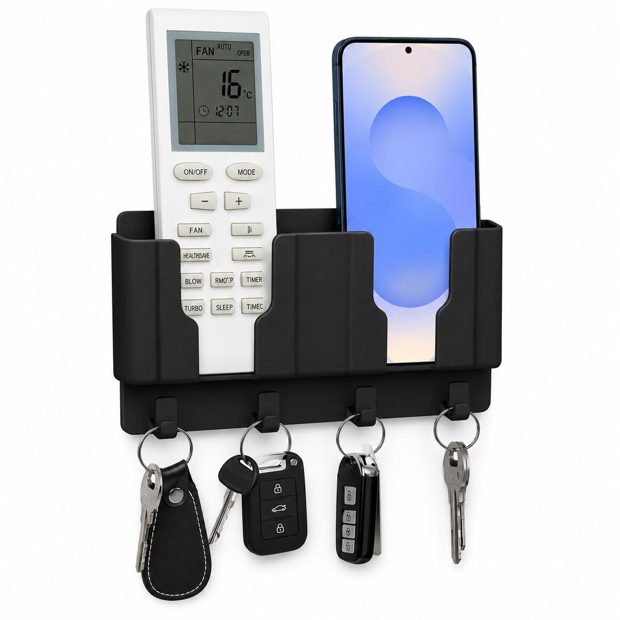 CERLINK Wall Mounted Mobile Holder for Phone & TV Remote | ABS Storage Organizer with 2 Compartments, 2 Key Hooks and Strong Self-Adhesive No-Drill Installation (Black)-image-44