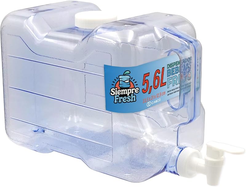 Dispensador de Agua Fría para Nevera 5,6 L by Cia&Co | Garrafa compacta 33,5x21x12,5 con Asa Ergonómica, Grifo de Doble Función y Tapón - Reutilizable y Duradera, Bebidas Frías en Casa, Playa, Camping