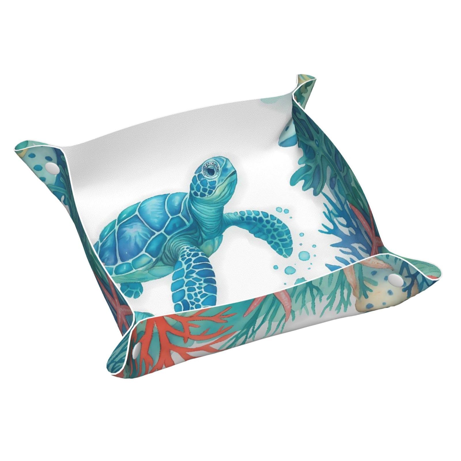 HLBSDM Artistic Teal Sea Turtle & Colorful Coral Tray Men's Leather Valet Parking Portable Entrance Trays Bedside Storage Box