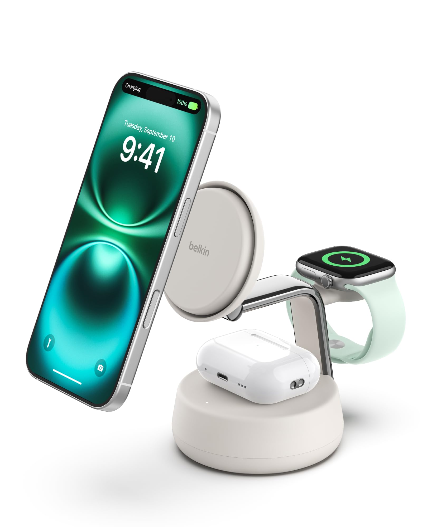 Photo 1 of Belkin MagSafe Charger Compatible, 3-in-1 Charging Station, Qi2.2 25W w/Cooling Fan (On/Off Control) Magnetic Wireless Charger for iPhone 17, Apple Watch, AirPods, Pixel 10 (45W Adapter Included)