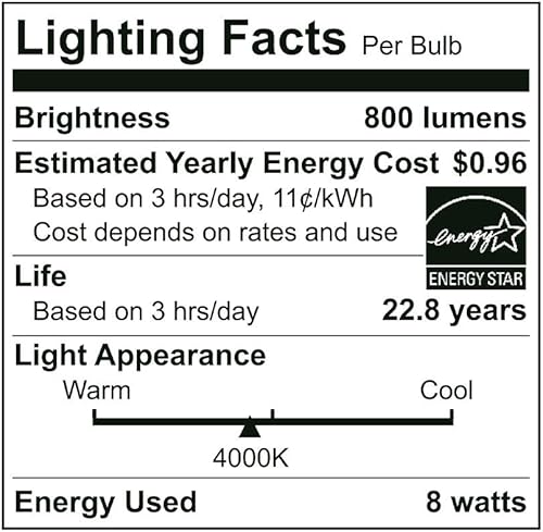 Miniatura 7 de Euri Lighting EA19-8W2040eG-2 Paquete de 2 bombillas LED A19, 4000 K (blanco brillante), dim, equivalente a 8 W (60 W) 800 lm, ángulo de haz de 220,